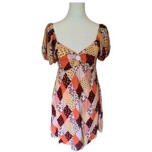 3rd + MALT Large Patchwork Babydoll Dress Off Shoulder Mini Multicolor